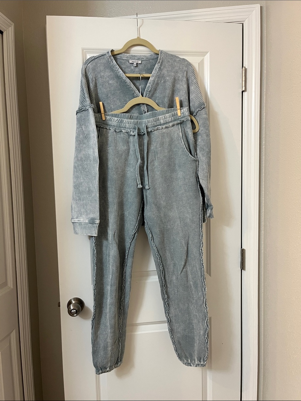 white birch Light Blue Waffle-Knit Pajama Set with Drawstring Waist